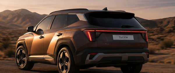 Bronze Hyundai Tucson SUV viewed from the rear on a mountain road.