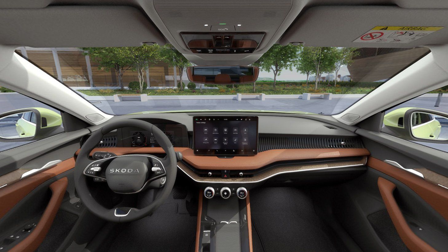 &Scaron;koda Superb Wagon dashboard with digital display, touchscreen and brown interior