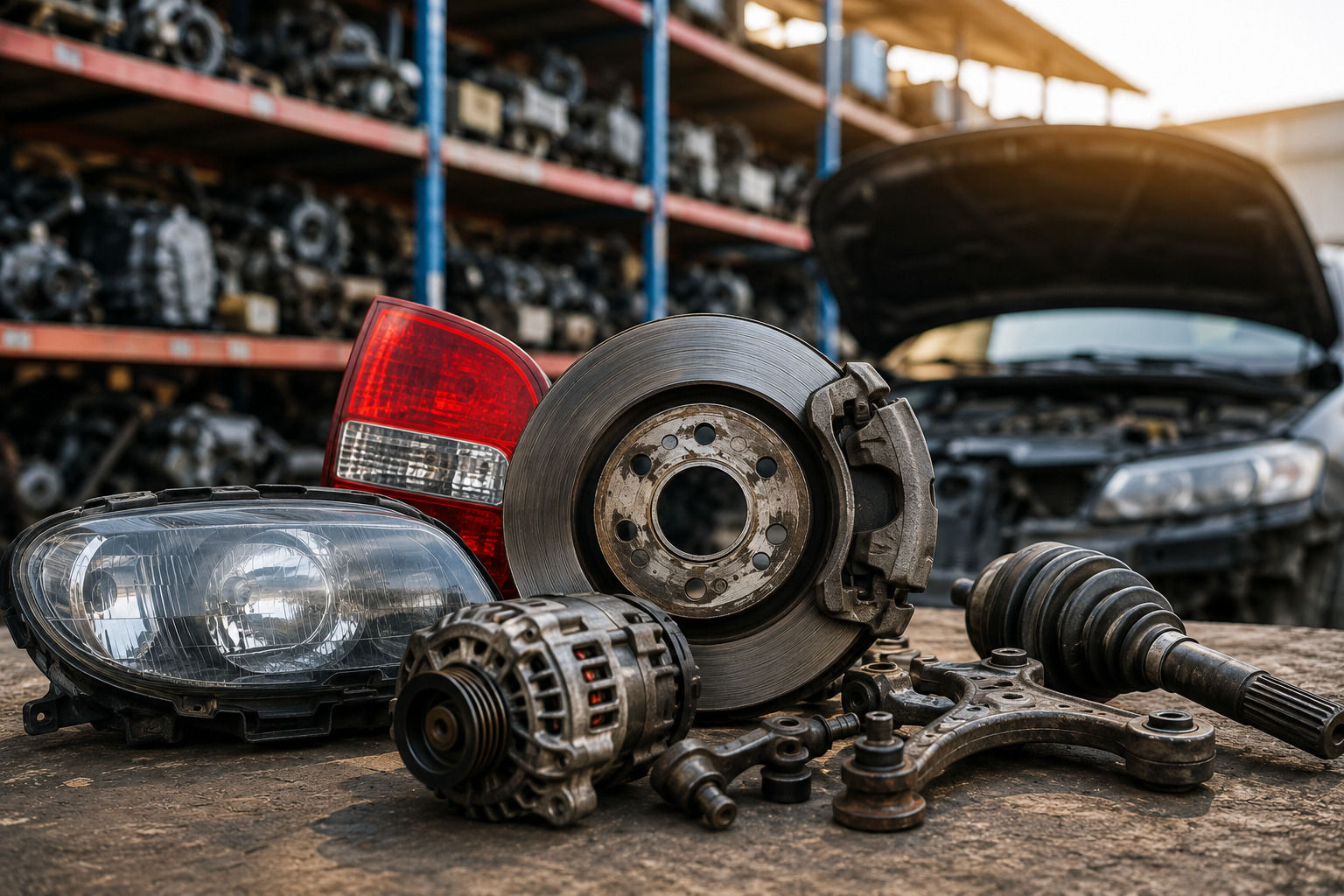 Used auto parts including headlights, tail lights, brake discs and alternators displayed at a UAE salvage yard.