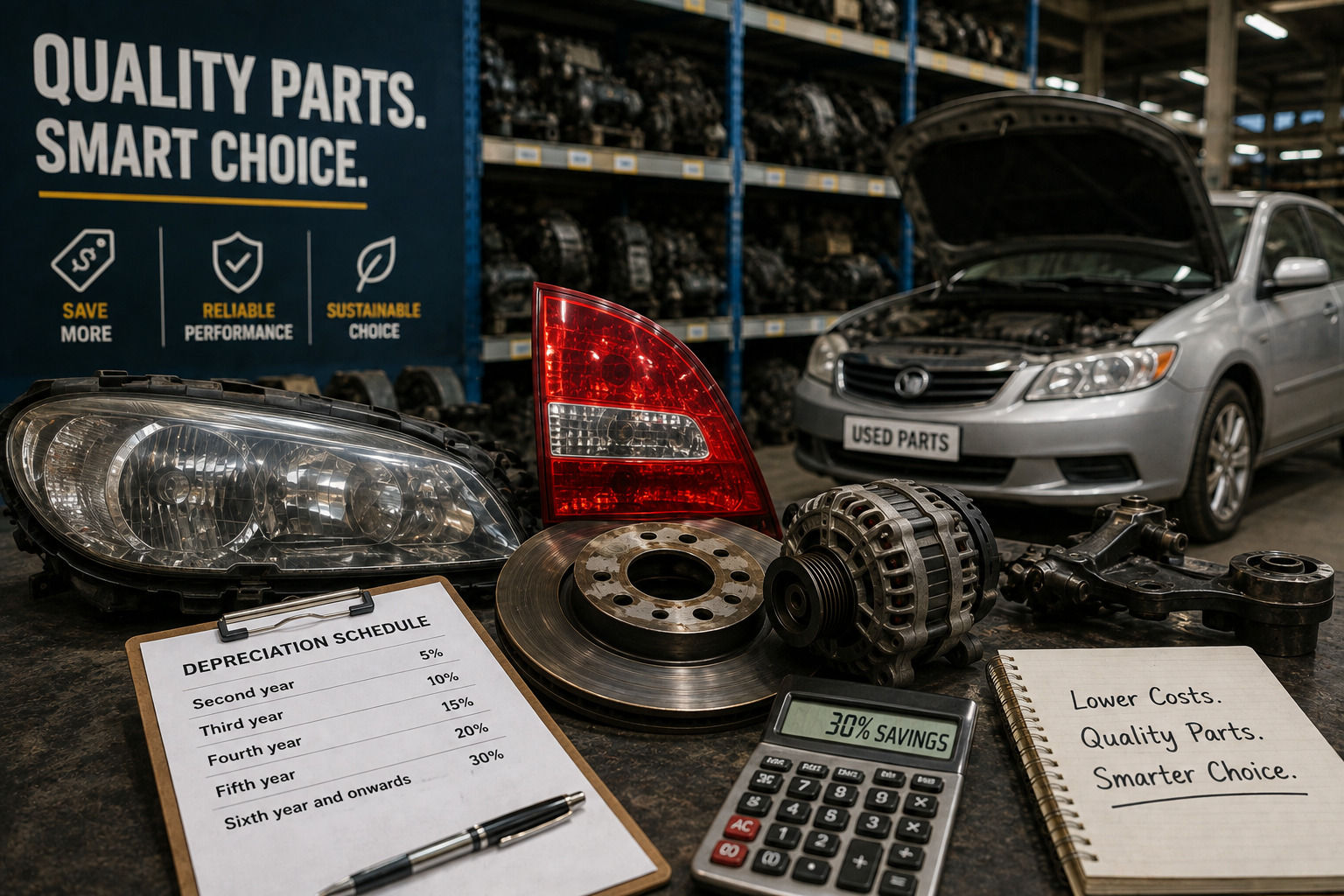 Used car parts including brake discs, headlights, alternators and suspension components at a UAE auto parts yard.