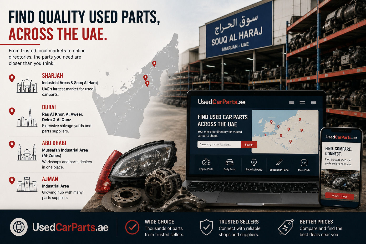 Used car parts marketplace in the UAE, featuring Souq Al Haraj in Sharjah and UsedCarParts.ae.