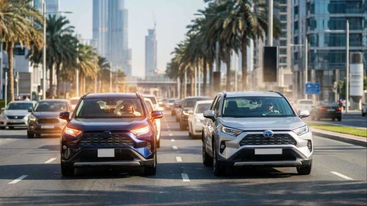SUVs driving in city traffic