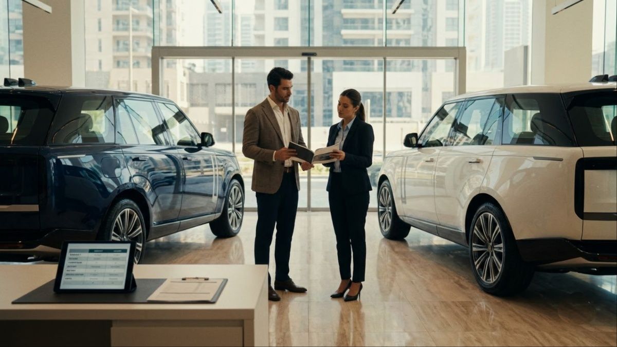 Buyer comparing SUVs in dealership
