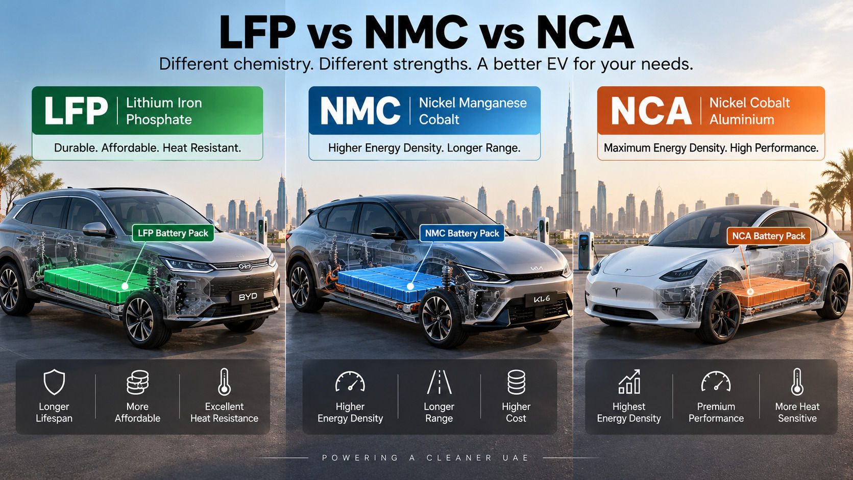 Comparison of LFP, NMC and NCA battery packs with their range, cost and durability characteristics.
