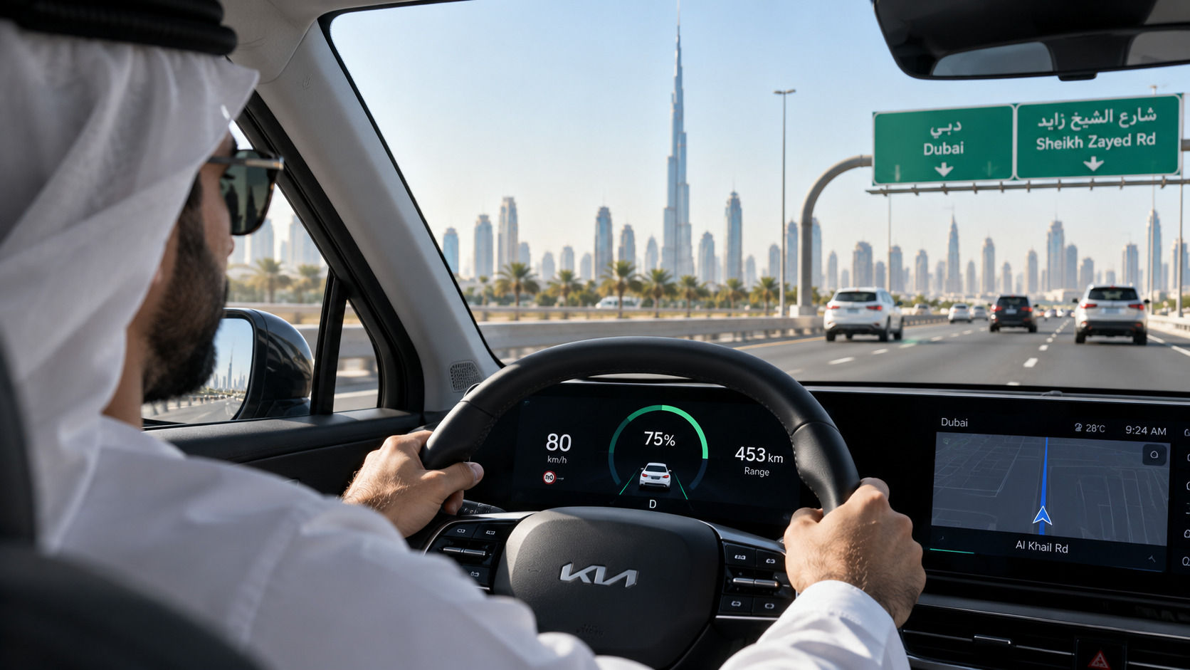 UAE driver behind the wheel of an EV showing 75% battery charge and 453 km range on Dubai roads.