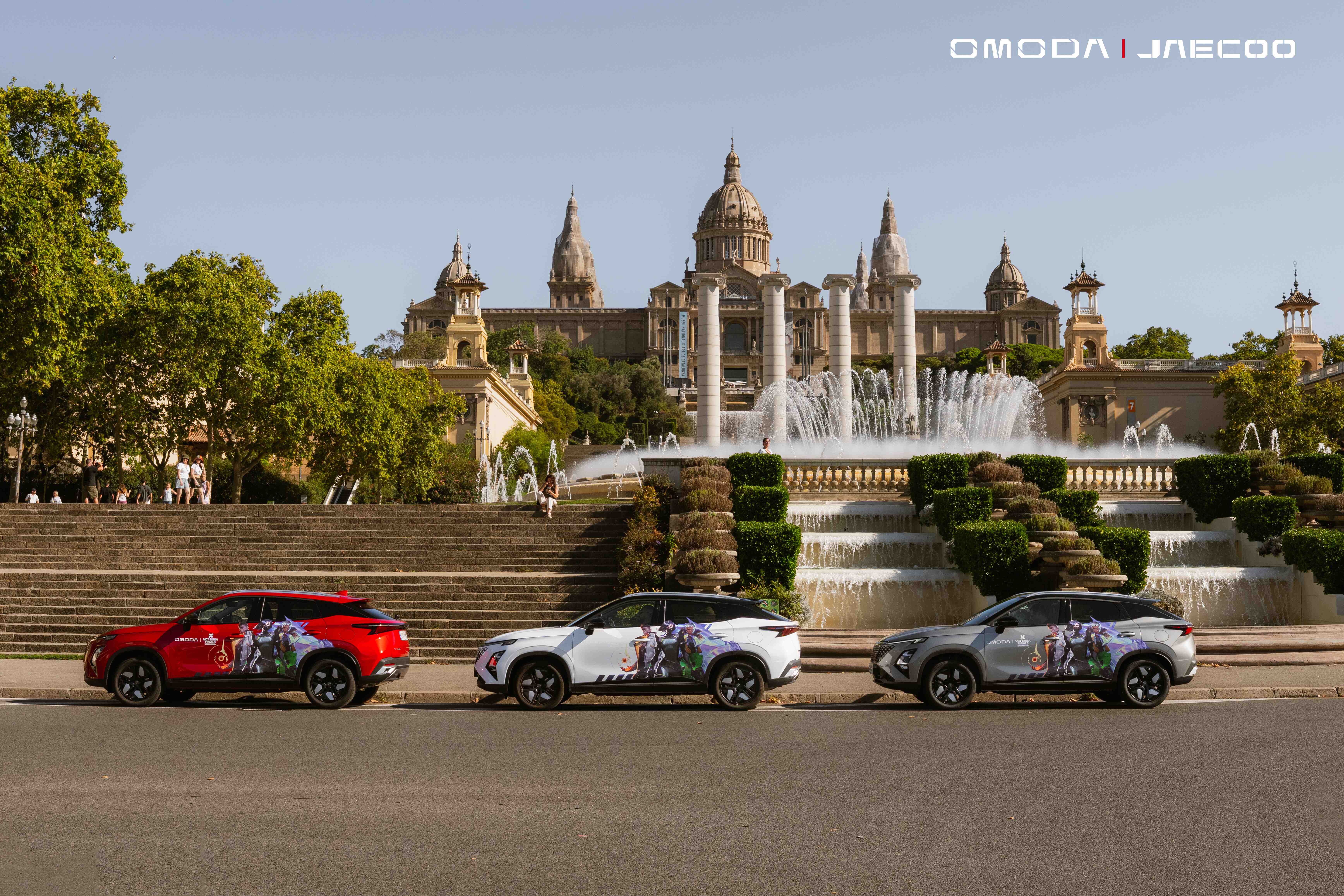 Omoda 4 showcased in Barcelona during its European debut, featuring a futuristic design and CYBER MECHA-inspired graphics.