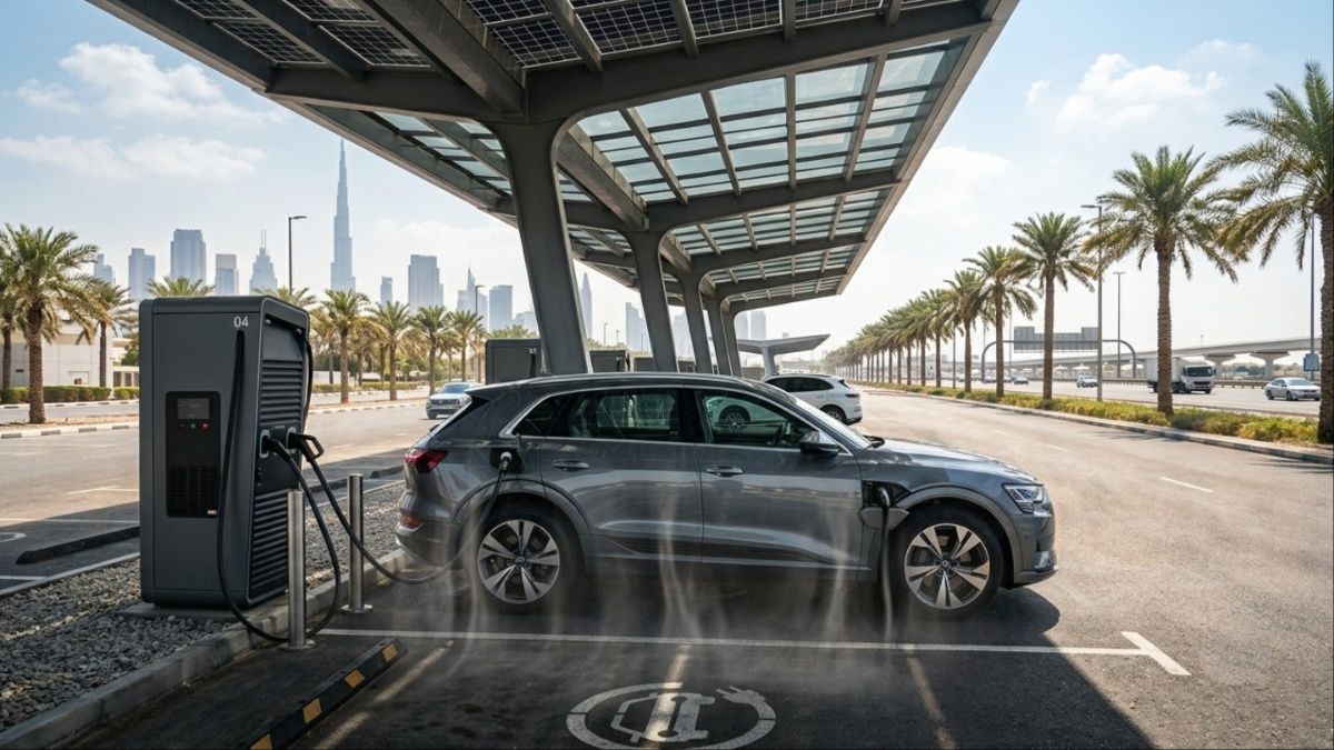 Electric SUV connected to charger