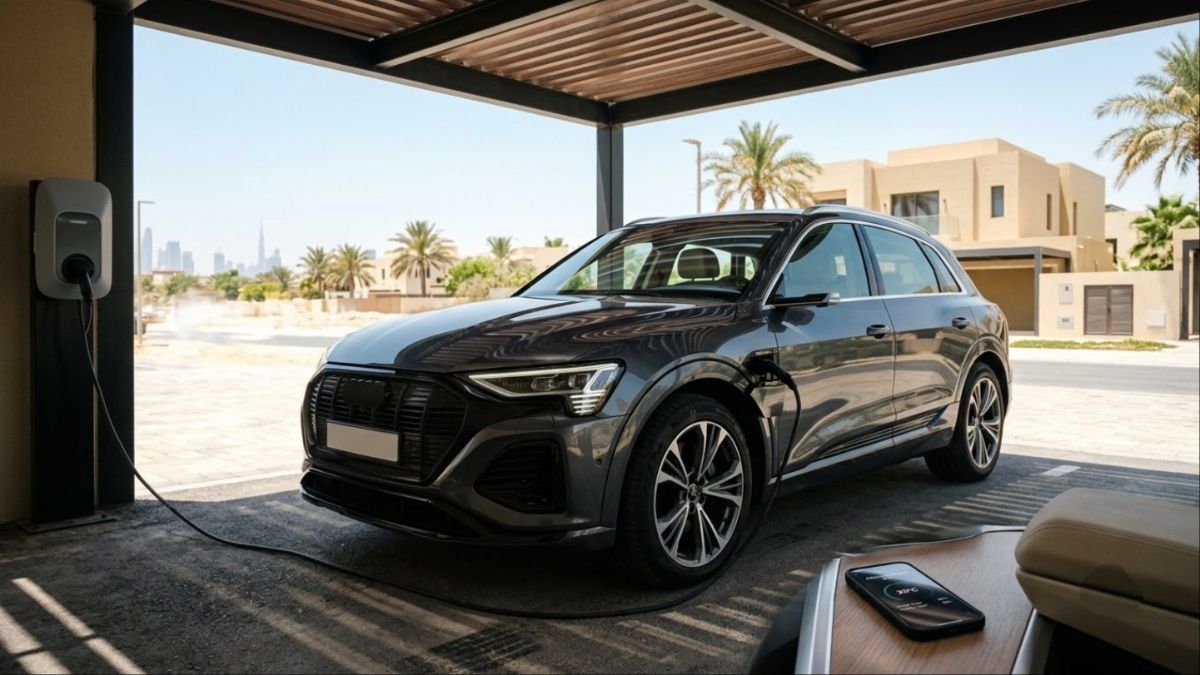 Electric SUV charging in carport