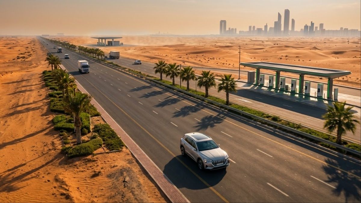 EV charging in eElectric SUV driving on highwayxtreme heat