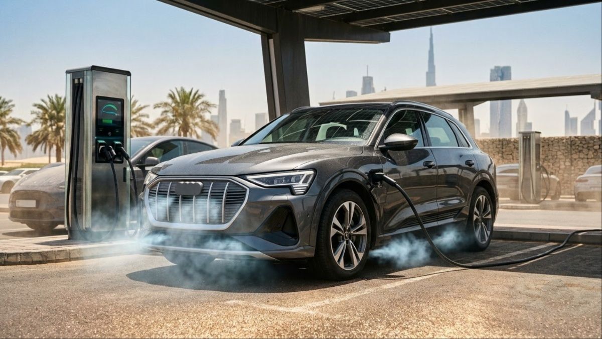 Electric SUV connected to charger