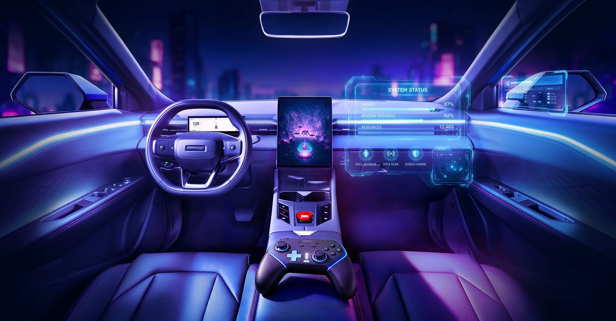 OMODA X futuristic cabin with digital displays, AI-powered features and a modern dashboard