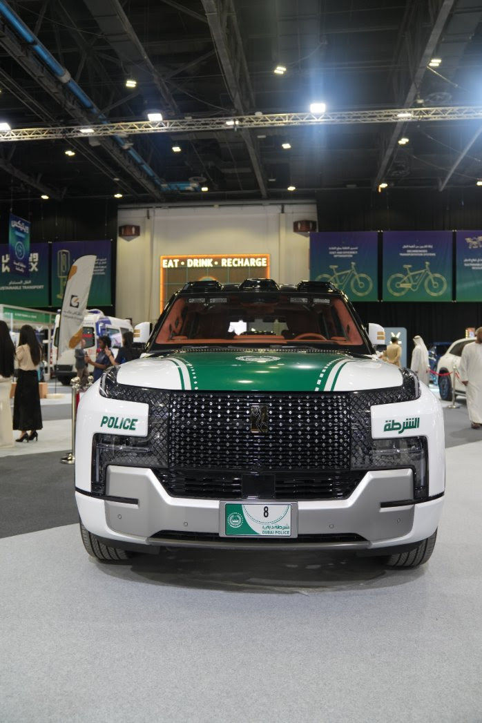 Front grille and LED lighting of the Yangwang U8 Dubai Police SUV at WETEX 2026