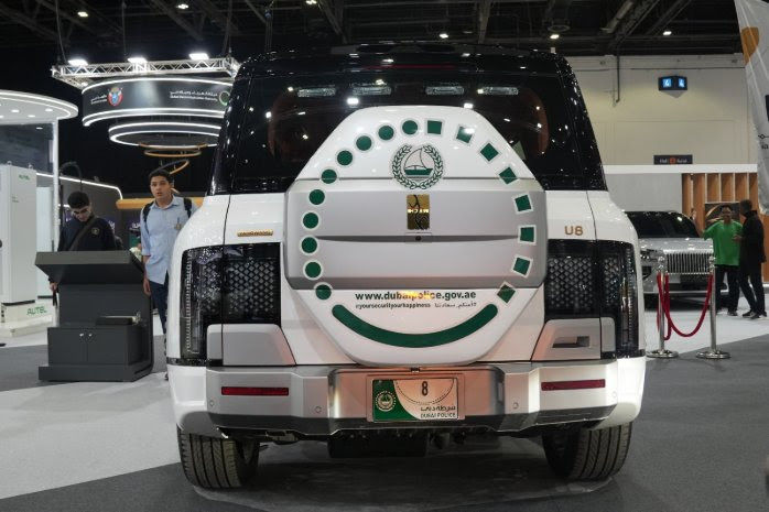 Rear design of the Yangwang U8 Dubai Police SUV with spare wheel cover and police branding