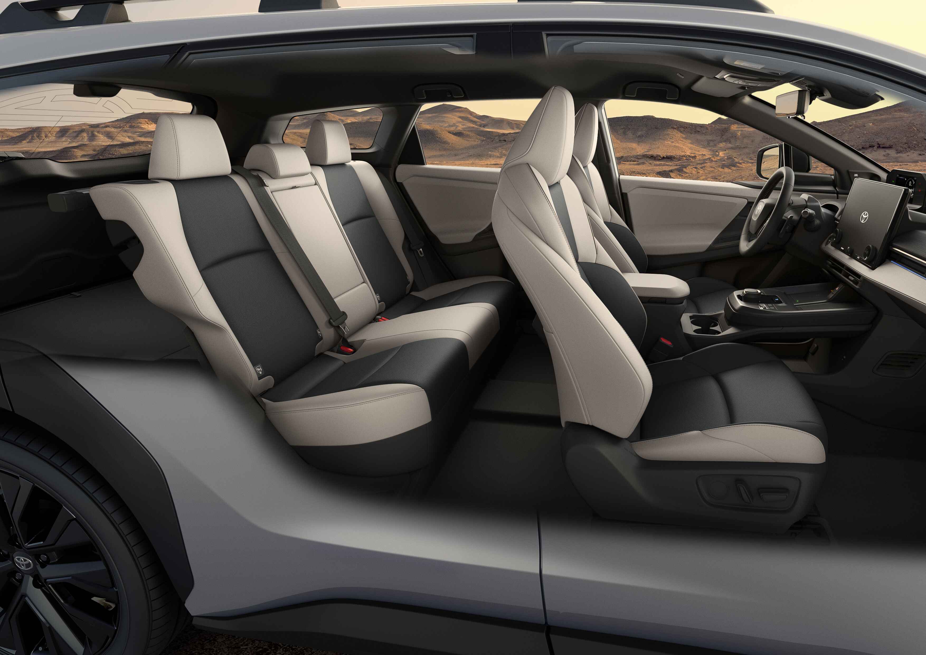 Toyota bZ4X Touring interior showing rear seats and front cabin